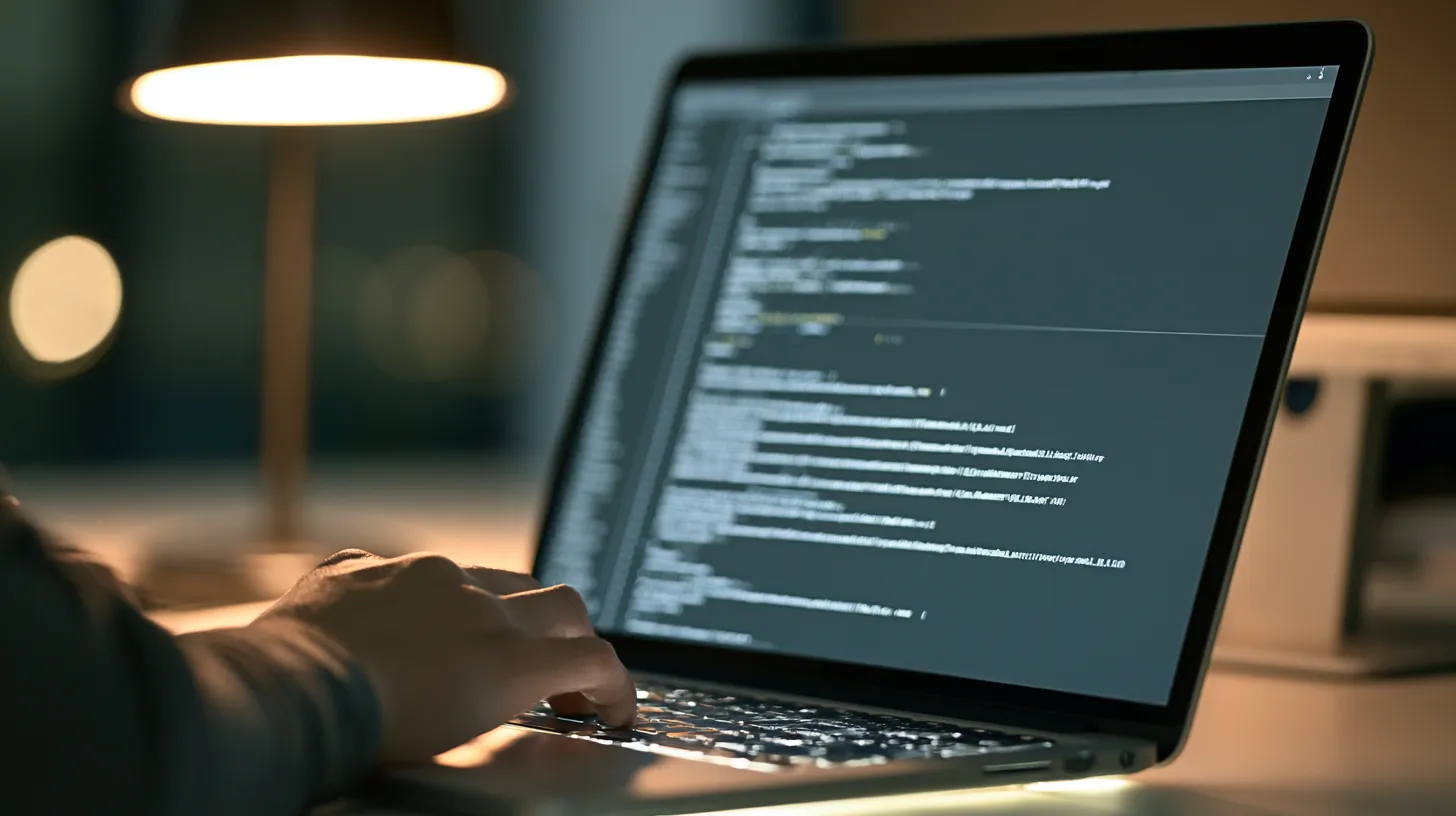Close-up over the shoulder of a developer's hand on a laptop keyboard, a code editor filling the screen under warm desk-lamp light
