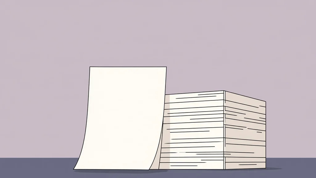 Flat illustration in muted purple of a single upright sheet of paper standing in front of a tall stack of printed pages