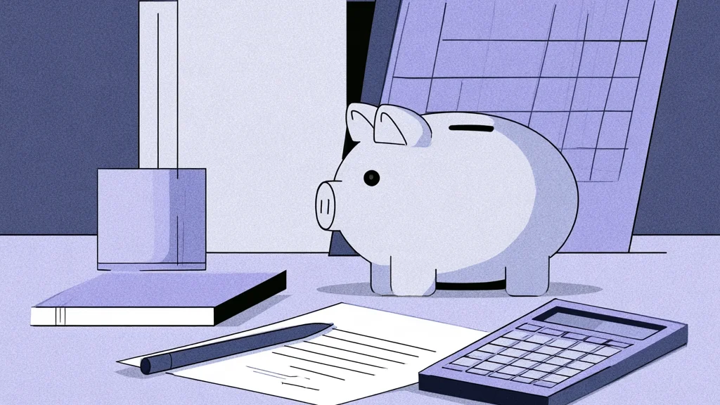 Illustration in muted purple tones of a piggy bank on a desk beside a wall calendar, a stack of papers, a notebook, a pen, a printed sheet, and a calculator