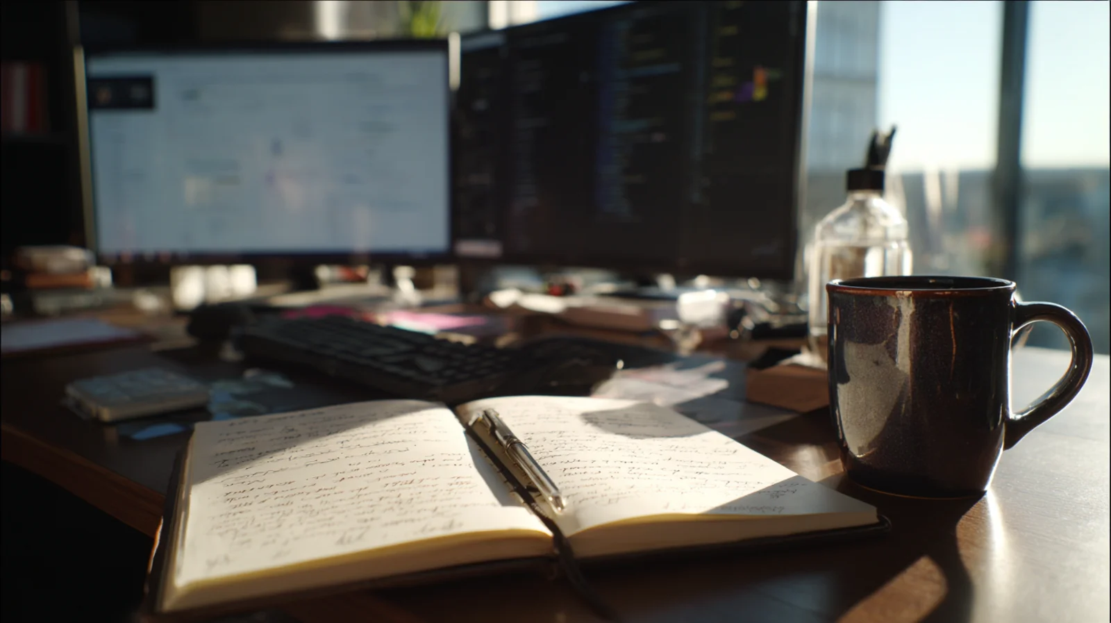 Open notebook with pen on a sunlit desk, dual monitors displaying code and data in the background — a consultant's workstation mid-engagement.